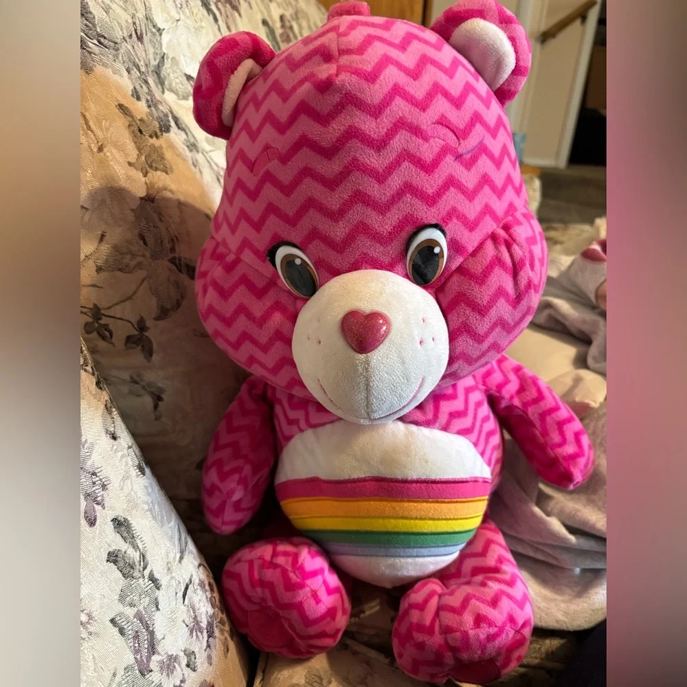 🌈 2015 Care Bear 21” Cheer Bear Large Plush Light And Dark Pink Striped Chevron